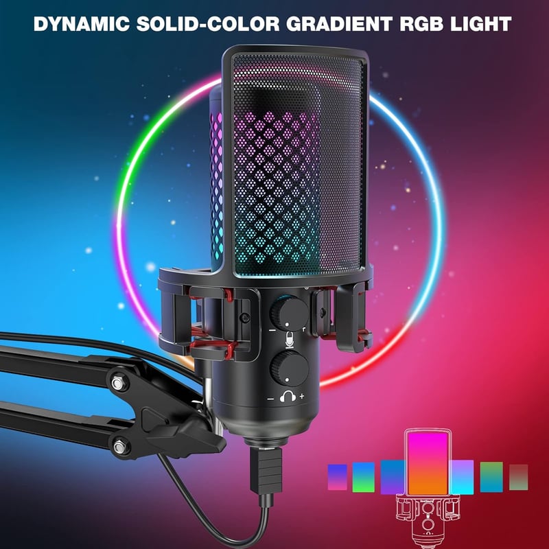 ZealSound RGB USB Gamer Mikrofon PC-hez és Telefonhoz - Streaming és Podcast Felvételekhez