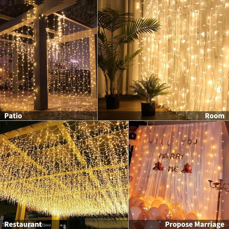 Bigzom LED Fényfüggöny 2x2m - 200 Meleg Fehér LED, USB, IP65 Vízálló, Beltéri/Kültéri Dekoráció Esküvőre, Karácsonyra, Valentin-napra 10 Aka