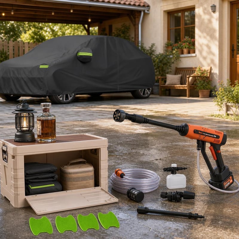 Auto paket za njegu: vodootporna cerada + akumulatorski perač + sklopiva kutija 35L