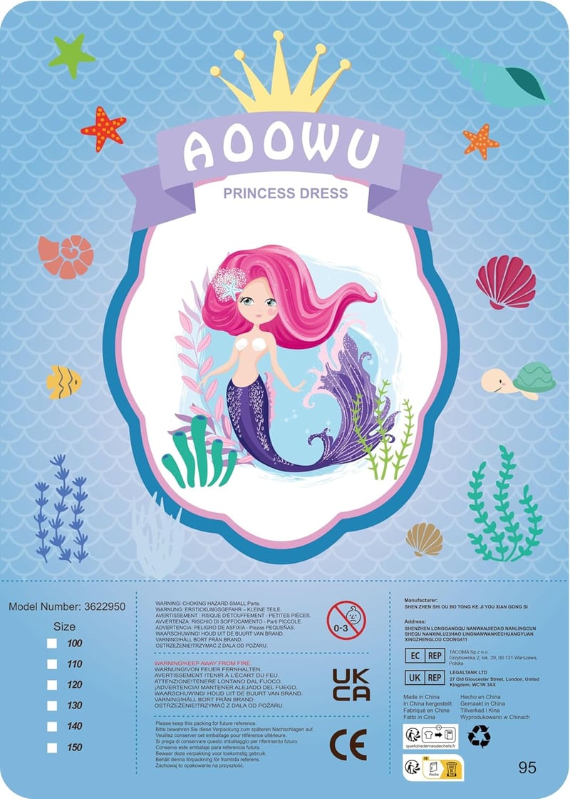 AOOWU Sellő jelmez lányoknak - 4 részes szett lila koronával, 140 cm