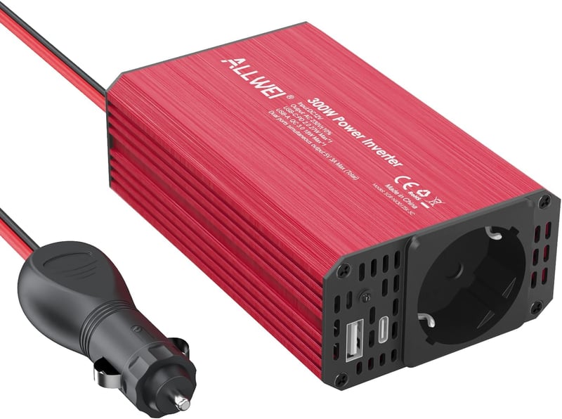 ALLWEI 300W Autós inverter 12V-230V, USB-C és USB portokkal, piros