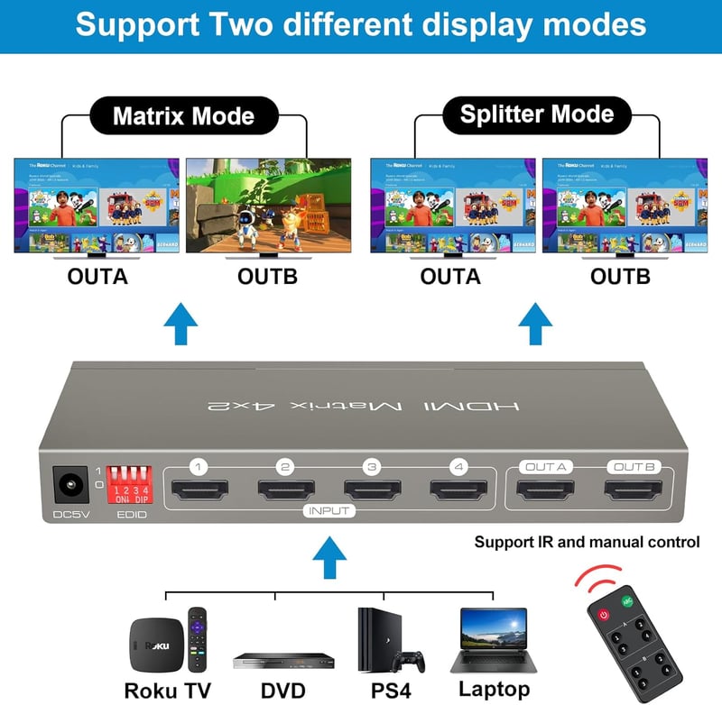HDMI Matrix Switch 4K 60Hz - 4 be 2 ki elosztó, optikai és AUX hangkimenettel, HDR10 támogatással