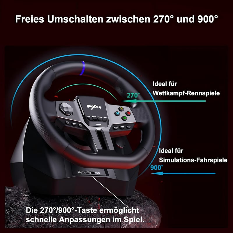 PXN V9 GEN2 Versenykormány PC-hez Pedálokkal és Váltóval - Hall-effekt Pedál, RGB Világítás, 270°/900° Állítható - PS4, PS3, Xbox Series X/S