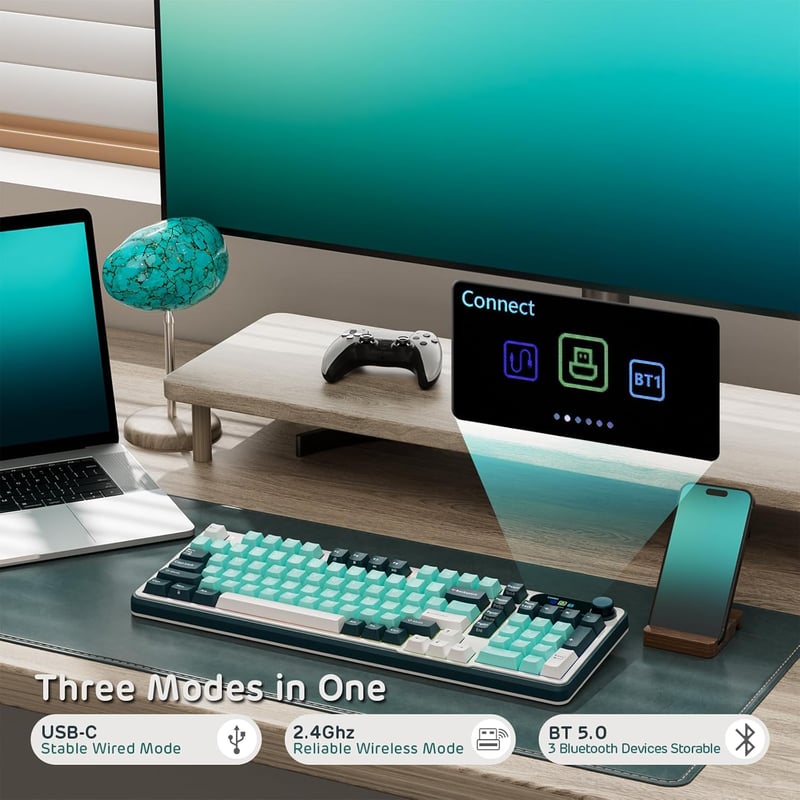 RK ROYAL KLUDGE S98 Mechanikus Billentyűzet Okos Kijelzővel, 96% Vezeték Nélküli, Bluetooth/2.4G/USB-C, Hot-Swap, Türkiz Zöld