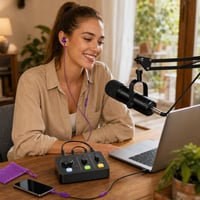 Podcast štartovací balík: 1x USB-C slúchadlá + 1x podcast set (mixpult, mikrofón, rameno, XLR) 1