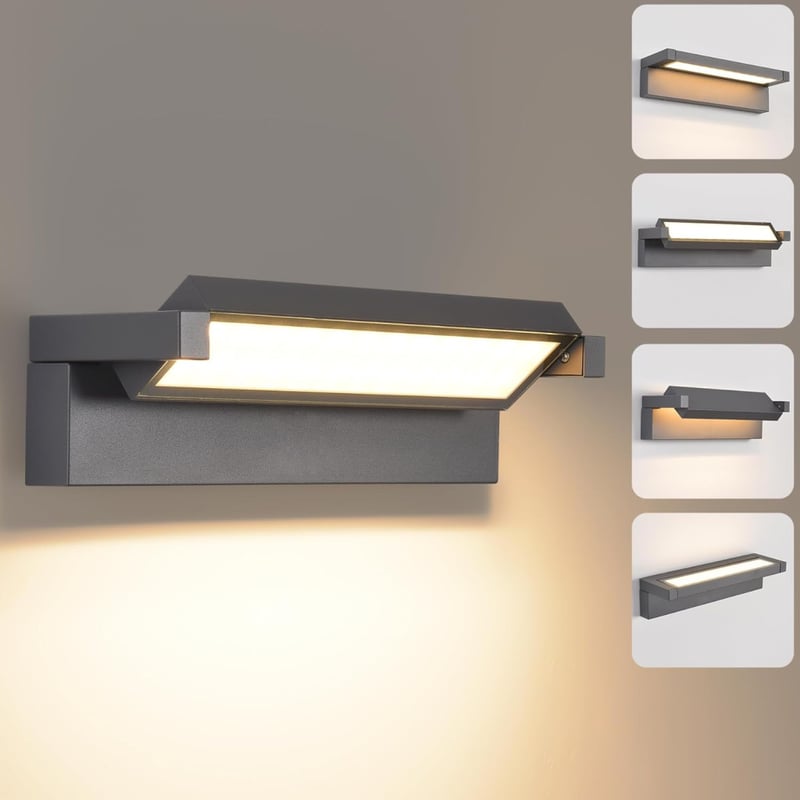 KUKAK 36W LED Kültéri Fali Lámpa, IP65 Vízálló, 3000K Meleg Fehér, 350° Forgatható Panel, Alumínium, Sötétszürke - Kerthez, Teraszhoz, Erkél