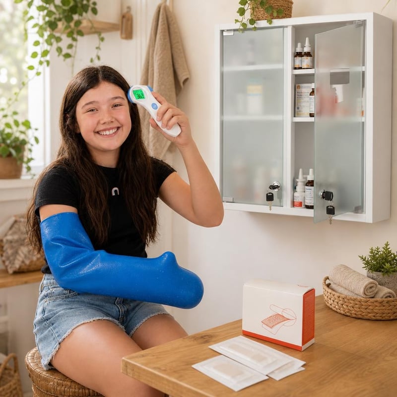 Kit Prim Ajutor: termometru + 50 plasturi sterili + protecție ghips + dulap medicamente