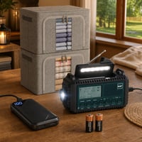 Kit Urgență Pană Curent: 2x baterii CR2 + radio cu lanternă + powerbank 10000mAh + 2x cutii 100L 1