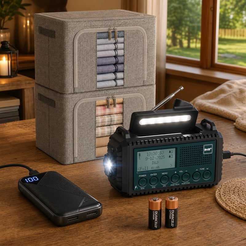 Kit Urgență Pană Curent: 2x baterii CR2 + radio cu lanternă + powerbank 10000mAh + 2x cutii 100L