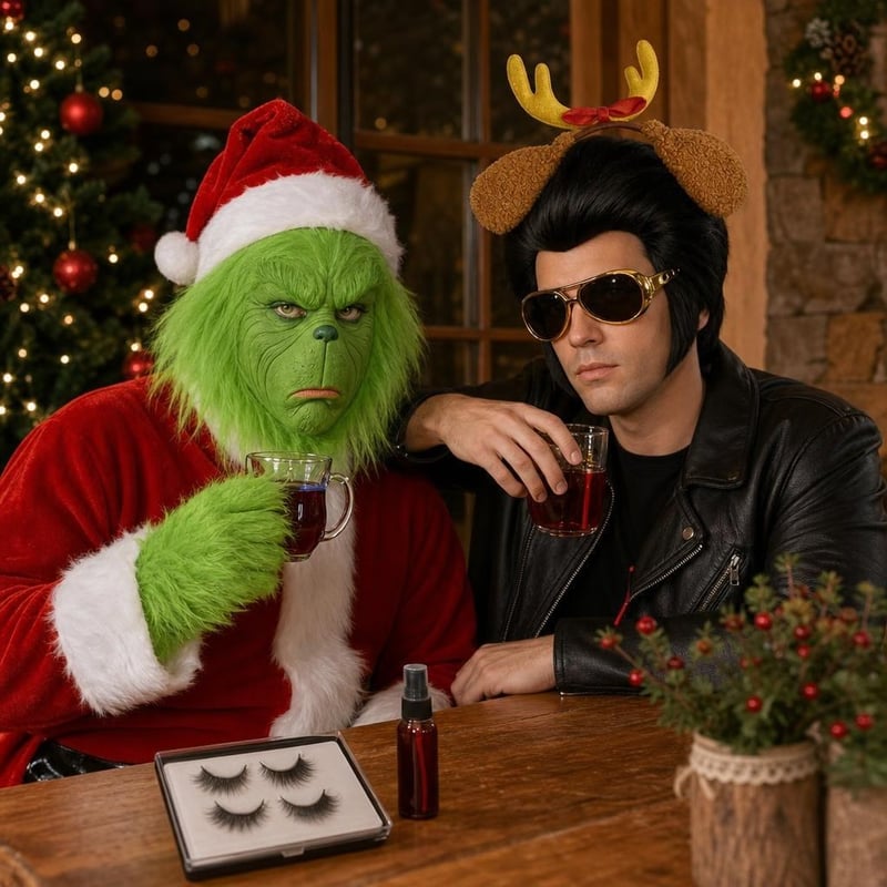 Grinch kostim set: zeleni kostim + perika s naočalama + umjetna krv + trepavice + sobovi rogovi