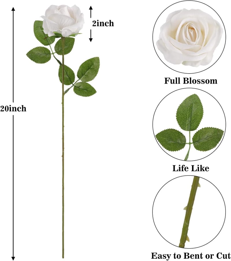 N&T NIETING Selyem Művirág Rózsák - 10 db Élethű Fehér Rózsa Hosszú Szárral (51 cm) - Esküvői Dekoráció, Lakberendezés, Rendezvény Kellék