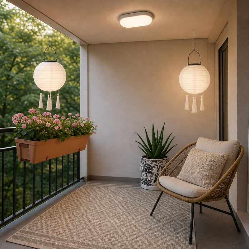Balkónový set: 1x LED lampa + 2x solárne svetlo + 1x koberec + 1x kvetináč + 1x keramický črepník