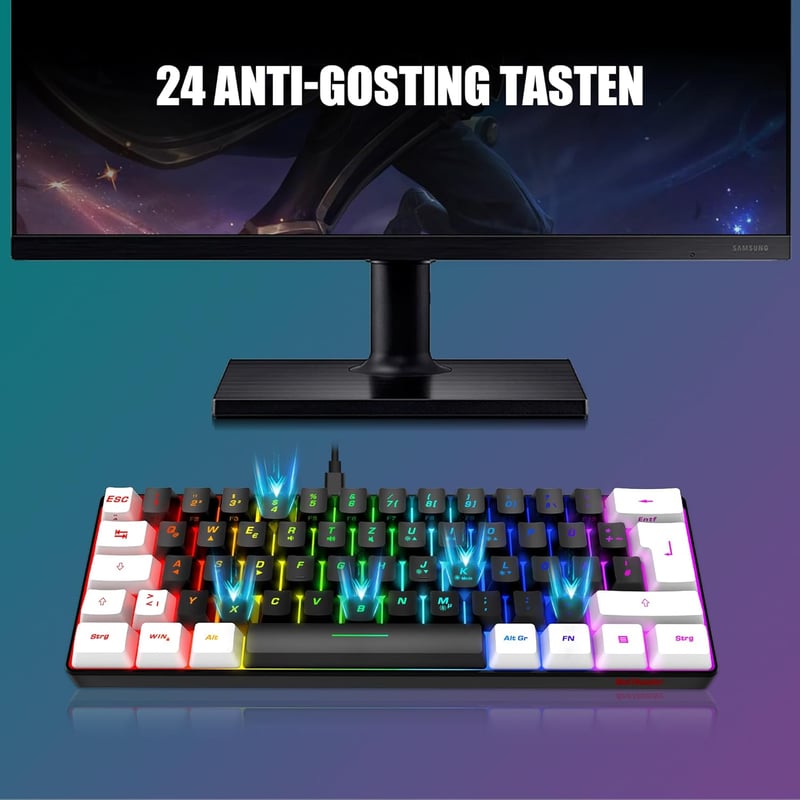 RedThunder 60% RGB Vezetékes Gamer Billentyűzet és Egér Szett, Mini Billentyűzet DE Kiosztással, 7200 DPI Ultrakönnyű Méhsejt Egér PC Mac PS