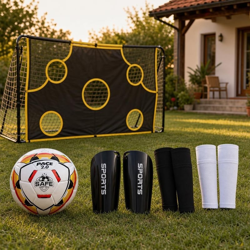Futbalový tréningový set: 1x chrániče L + 2 páry ponožiek + lopta č. 5 + tréningová sieť