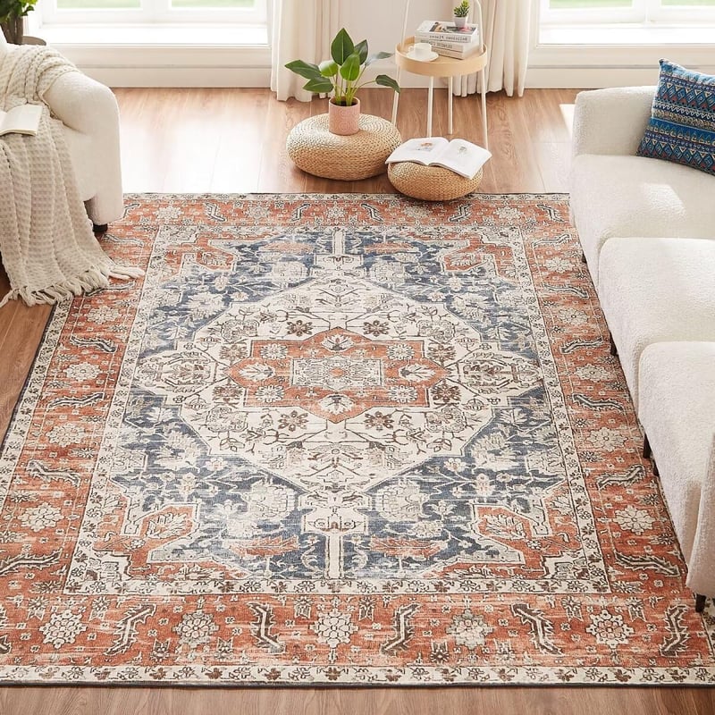 CHOSHOME Mosható Nappali Szőnyeg 120x170 cm - Vintage Narancssárga Rövid Szálú Puha Szőnyeg Keleti Mintával, Csúszásgátló Mikroszálas Boho S