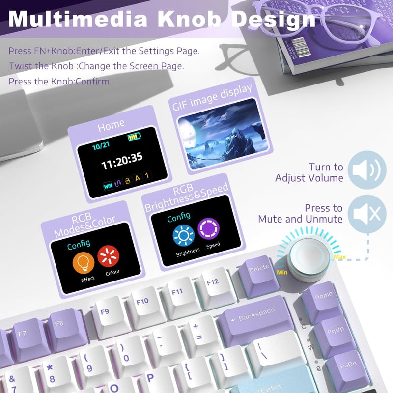 AJAZZ AK820PRO 75% TKL Mechanikus Gamer Billentyűzet - Vezeték Nélküli/Bluetooth/USB-C, RGB Háttérvilágítás, TFT Kijelző, Hotswap