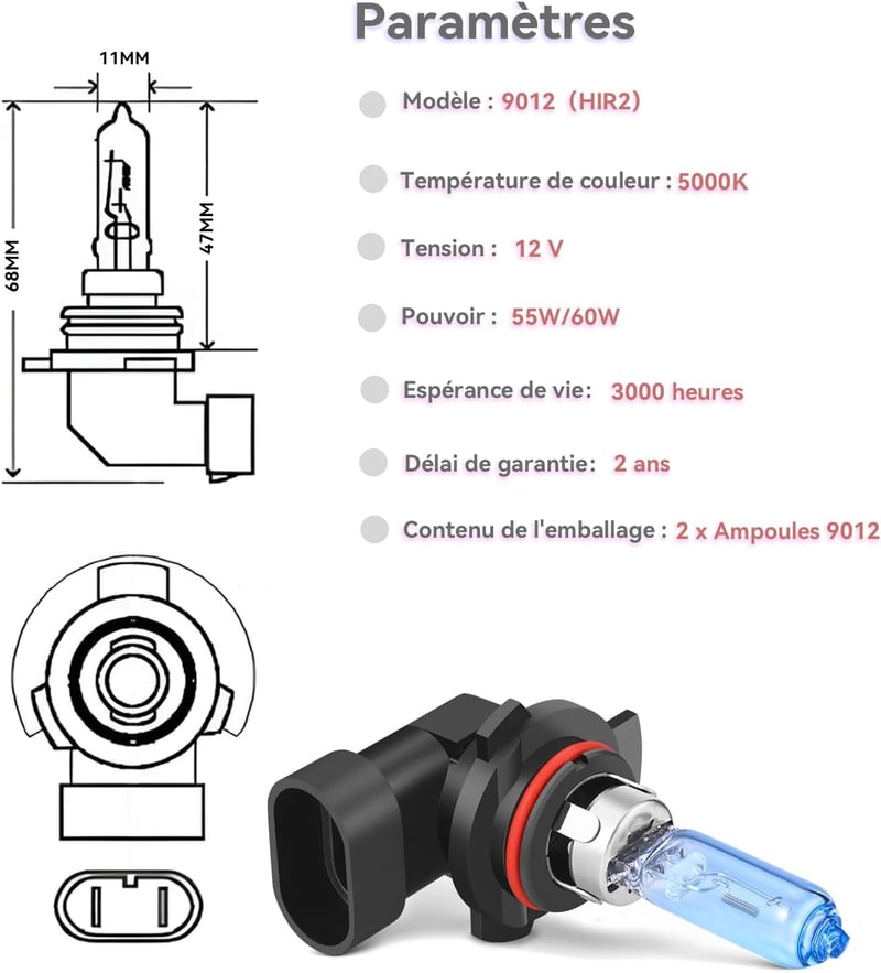 LTONXEN 9012 Hir2 halogén izzó autóhoz és motorhoz, 5000K meleg fehér, 12V 55W, 2db