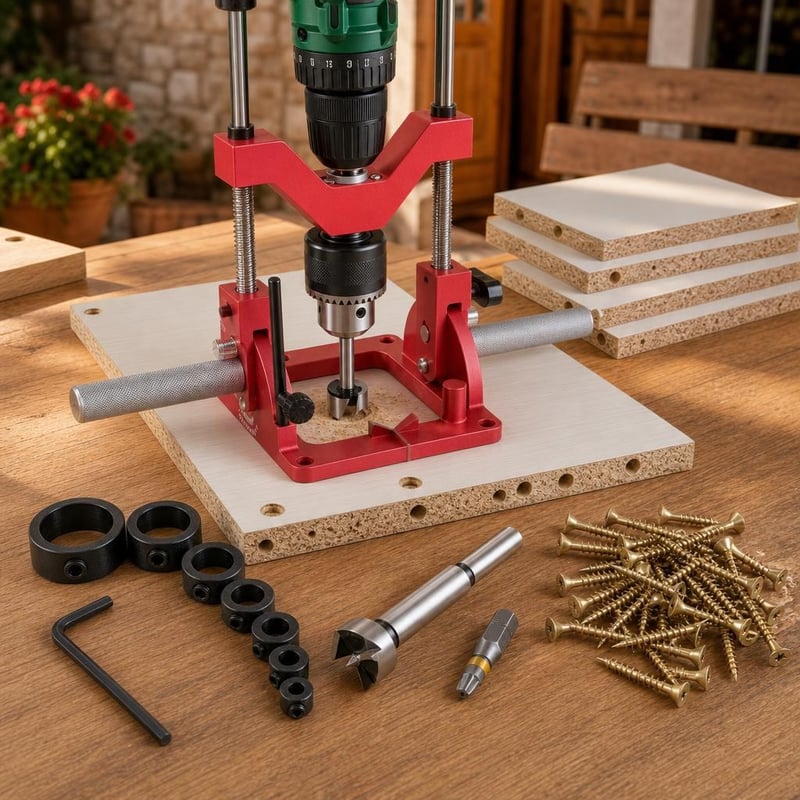 Súprava na montáž nábytku: 18 mm Forstner vrták + 8x doraz + vŕtacia šablóna + T40 bit + 250x skrutka