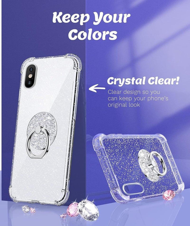 Apple iPhone XS Max Csillogó Glitteres Ütésálló Tok Gyűrűvel - Átlátszó