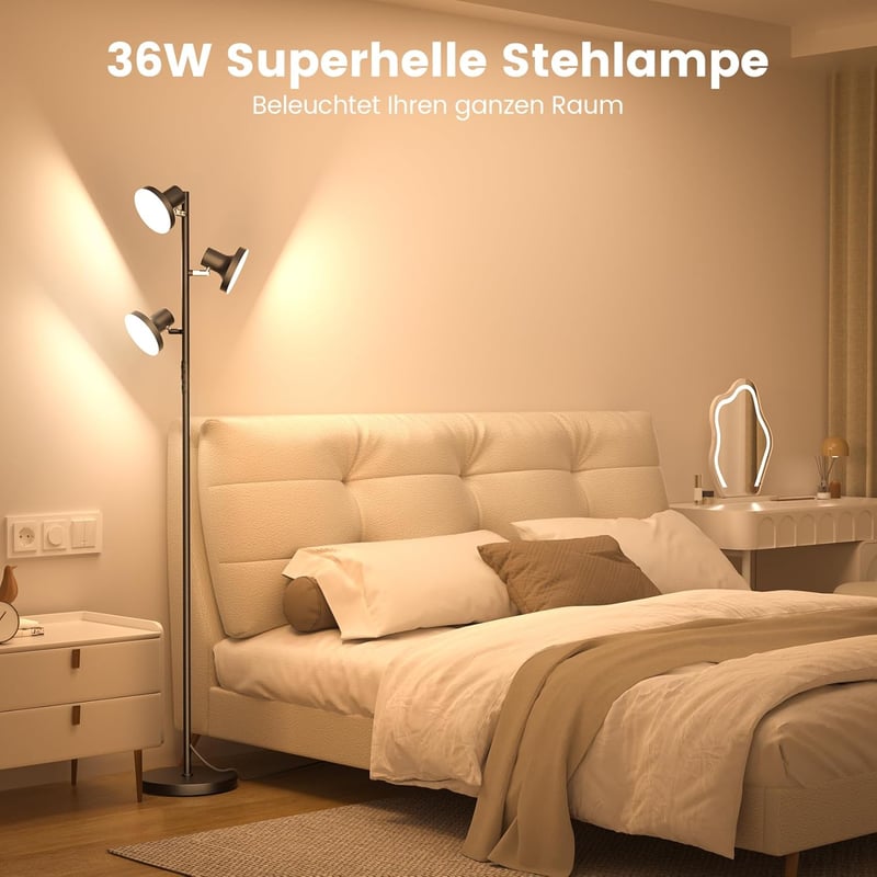 SIBRILLE Állólámpa 36W 2500LM - Távirányítós LED Dimmelhető 3 Fényforrással, 2700K-6500K Színhőmérséklet, Érintésvezérelt Modern Fekete Lámp