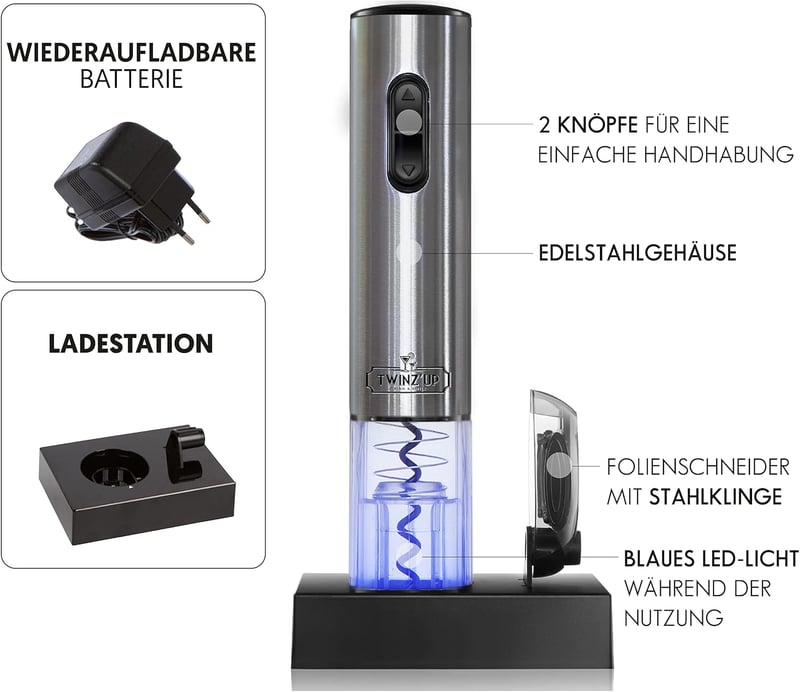 Twinz'up Elektromos Dugóhúzó Szett - Vezeték Nélküli Ezüst Bornyitó Fóliavágóval és Töltőállomással, Prémium Ajándékdobozban