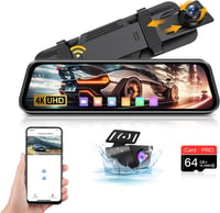 4K WiFi Tolatókamera Tükör - 10" IPS Érintőképernyős Menetrögzítő Kamera Első-Hátsó Kamerával, 64GB SD Kártyával, Parkolási Asszisztenssel,  1