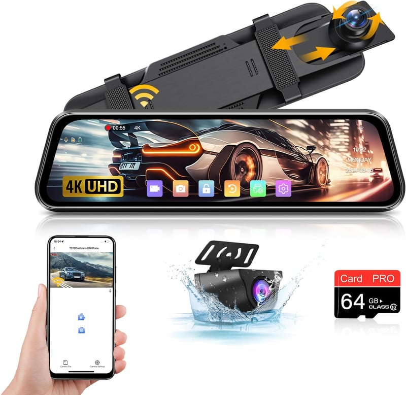 4K WiFi Tolatókamera Tükör - 10" IPS Érintőképernyős Menetrögzítő Kamera Első-Hátsó Kamerával, 64GB SD Kártyával, Parkolási Asszisztenssel, 