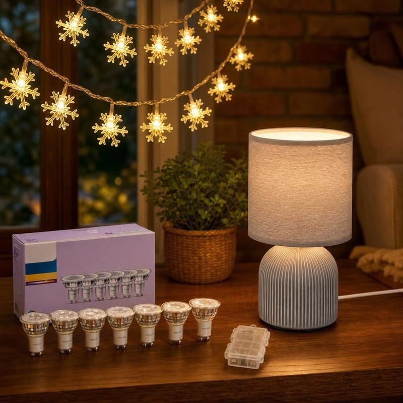 Sada útulného osvetlenia: 6x GU10 LED žiarovka + 6m svetelná reťaz + látková stolná lampa