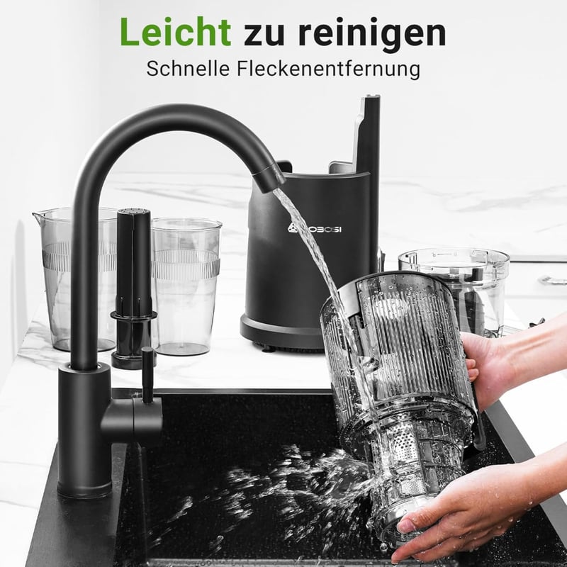 AOBOSI Slow Juicer 126 mm Extra Széles Adagolónyílással - Egész Gyümölcsök Préselésére, Erőteljes Motorral, Hármas Szűrőrendszerrel, Fekete