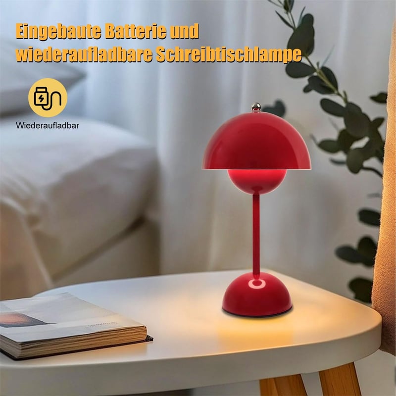 EXTRASTAR Gomba Alakú LED Asztali Lámpa - Piros Érintésvezérelt Fényerőszabályzós Lámpa 3 Színhőmérséklettel, USB Újratölthető, Hálószobába,
