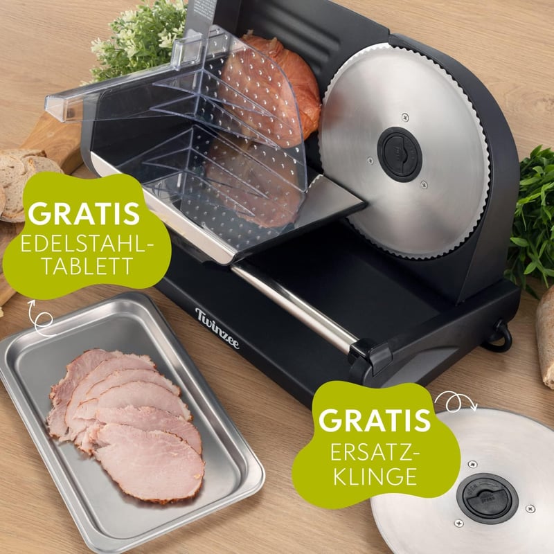 Twinzee Elektromos Szeletelőgép - Állítható Vastagságú (0-15mm) Rozsdamentes Acél Kenyér, Hús és Sajt Vágó 2 Cserélhető Pengével, 150W, Feke