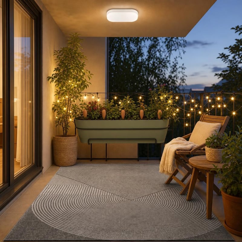 Balkonfény oázis: IP54 lámpa + 10 m fényfüzér + 70 cm erkélyláda + 6 db öntözőkúp + 160x230 cm szőnyeg