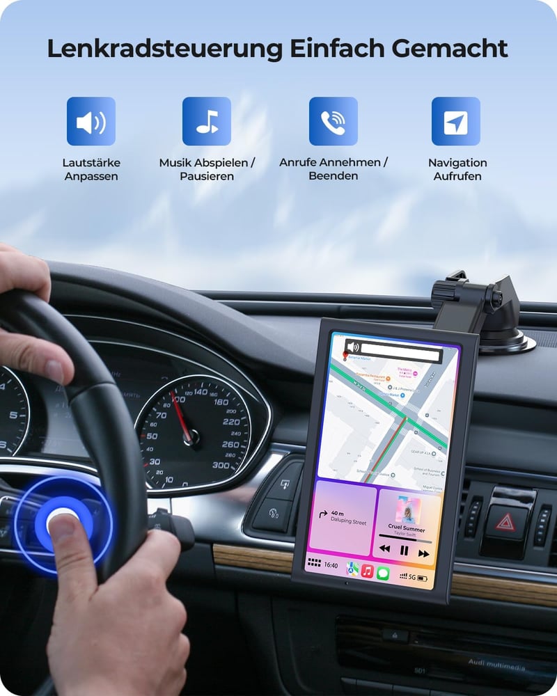 Krunia 7" Vezeték Nélküli Autós Kijelző 60FPS - Apple CarPlay & Android Auto Támogatás, Álló/Fekvő Mód, Hangvezérlés, GPS Navigáció, Tolatók