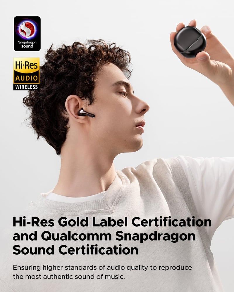 SoundPEATS Air5 Bluetooth Fülhallgató, Hi-Res/aptX Adaptive Veszteségmentes Hang, 13mm Meghajtó, 30 Órás Üzemidő, Adaptív Zajszűrés, Fekete
