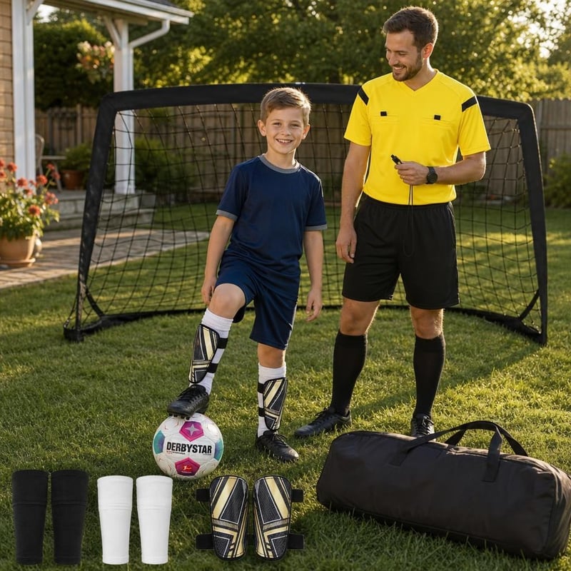 Set Fotbal Complet: 1x Tricou Arbitru XL + 1x Apărători L + 2x Șosete + 1x Minge + 1x Poartă cu geantă