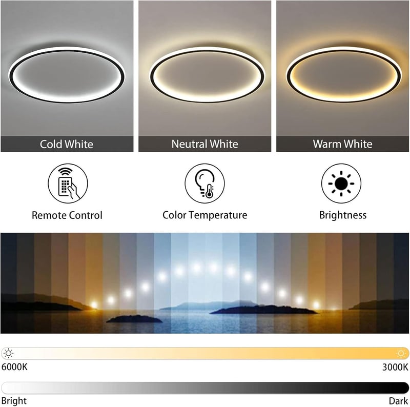 MOONSEA Fekete LED Mennyezeti Lámpa 41,5 cm - Távirányítós, Fényerőszabályozható, 28W, 3000K-6000K Állítható Színhőmérséklet, Hálószobába, K