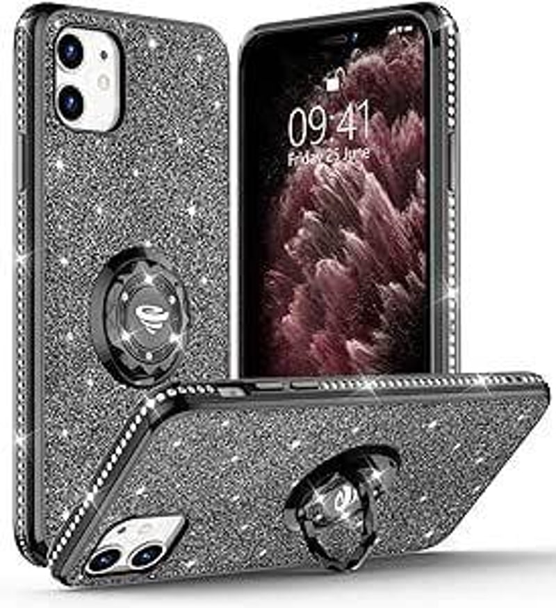 iPhone 11 Fekete Glitteres Gyűrűs Tok - Ütésálló és Csillogó Védelem