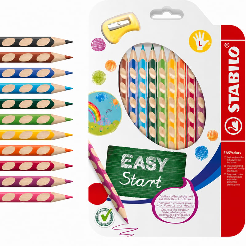 STABILO EASYcolors Ergonomikus Vastag Színes Ceruza Balkezeseknek - 11 db Vegyes Színek Hegyezővel (Hiányos készlet: 1 db hiányzik)