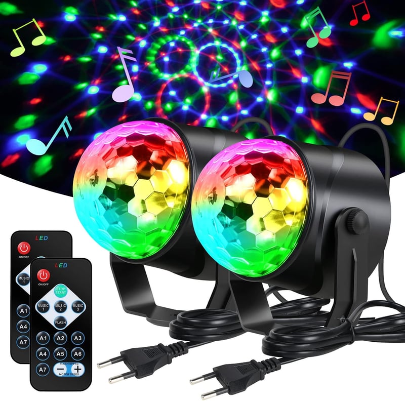 URAQT LED Diszkógömb Szett - 2 db 360° Forgó Partyfény Távirányítóval, 7 RGB Színmód, Zenére Változó Fények Gyerekeknek, Halloween, Karácson