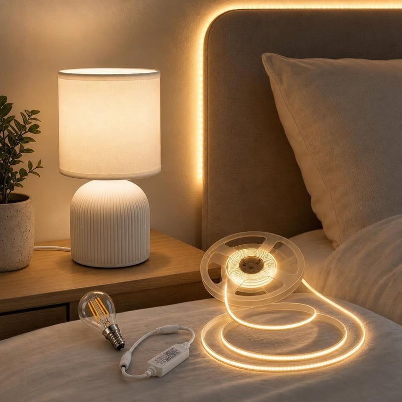 Esti LED fényvarázs: 5 m okos LED szalag + asztali lámpa + E14 gyertyaizzó