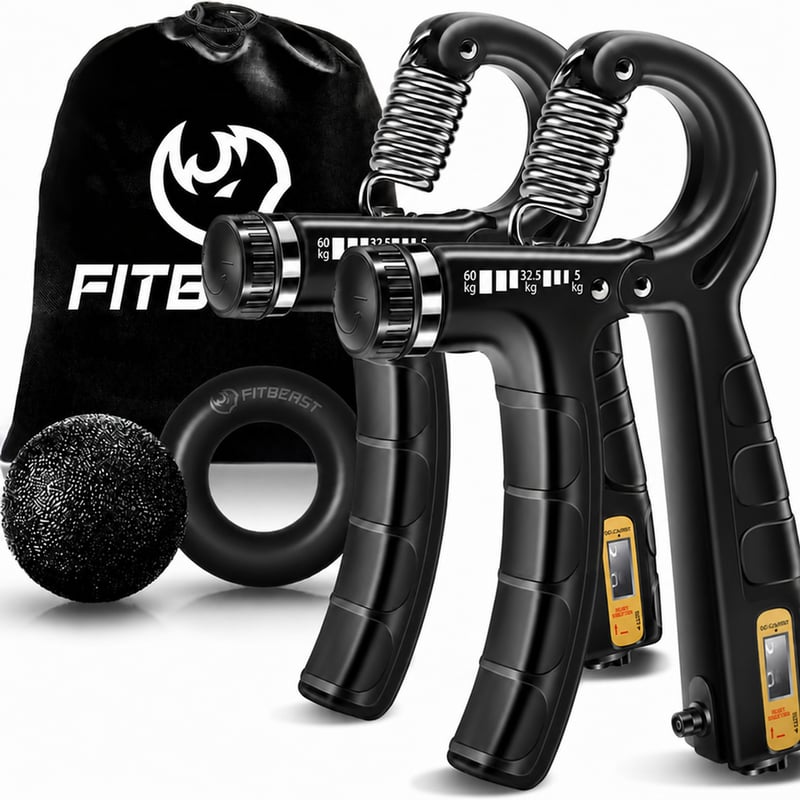 Set de antrenament pentru întărirea mâinilor FitBeast, 4 piese – 2 aparate de strâns mâna reglabile, dispozitiv pentru extensia degetelor, inel de prindere și minge antistres pentru sportivi — set de 4 bucăți