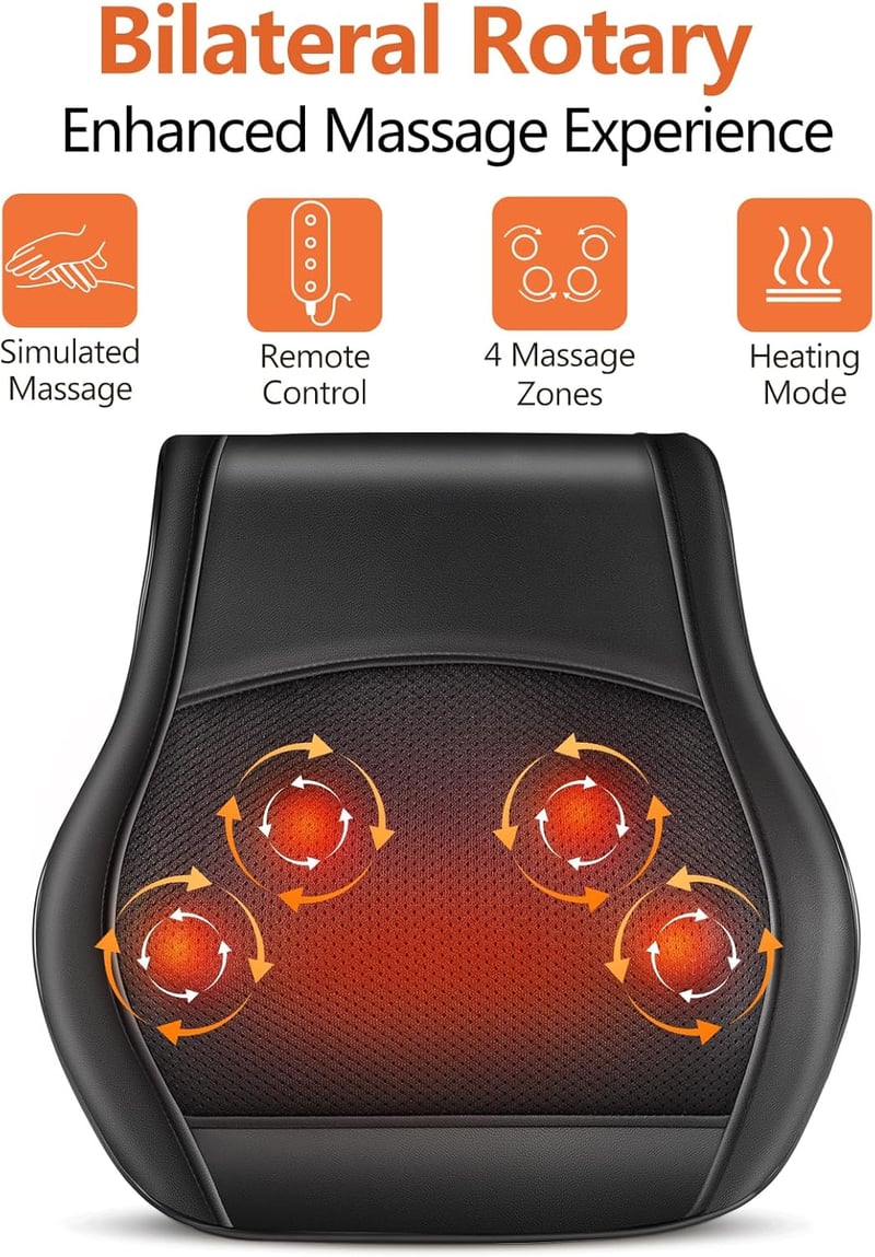 Brelley Nyak- és Hátmasszírozó Párna Melegítő Funkcióval - 3D Shiatsu Masszázs, 3 Intenzitás, Távirányító, Izomfájdalom Enyhítésre - Black