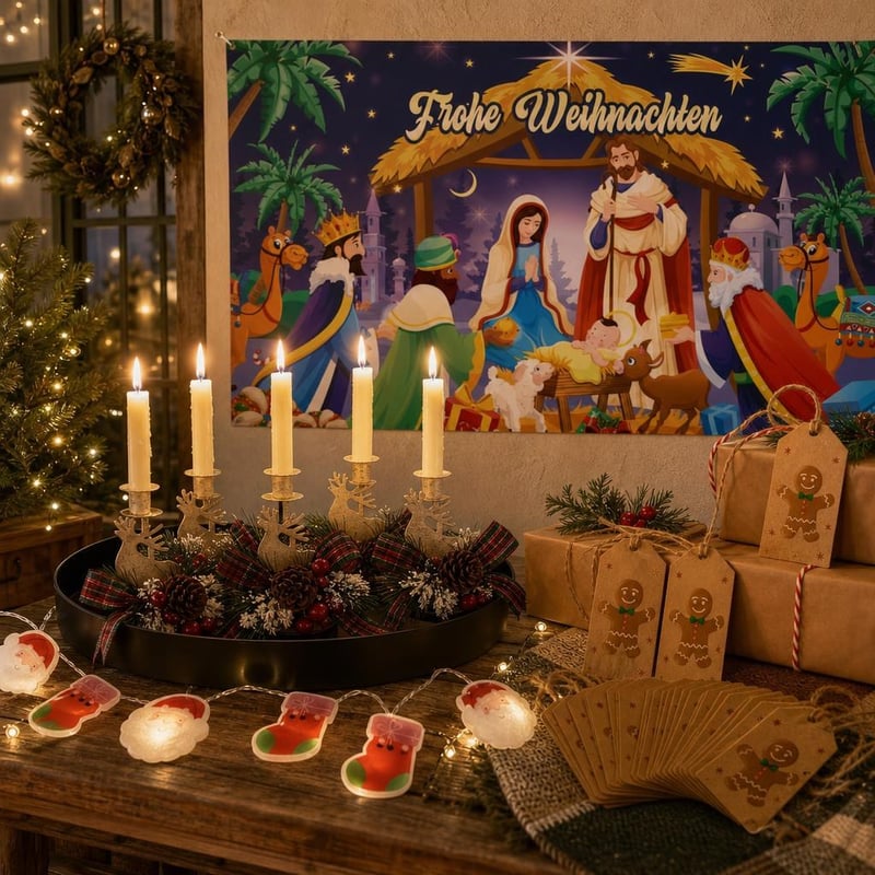 Adventi hangulat: betlehem banner + 4 db rénszarvas gyertyatartó + tálca + LED fényfüzér + 100 db címke