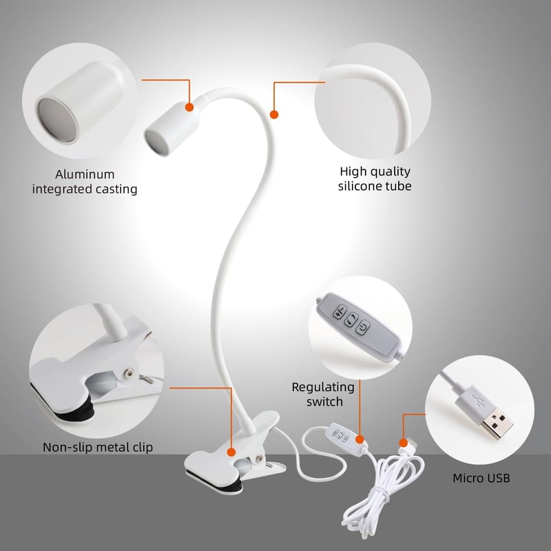 da LIGHT LED Asztali Lámpa Csipeszes Fehér, 3 Színhőmérséklet, Dimmer, USB - White
