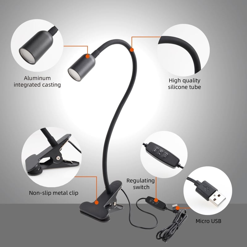 da LIGHT LED Asztali Lámpa Csiptetős, 3 Színhőmérséklet Dimmelhető USB Olvasólámpa