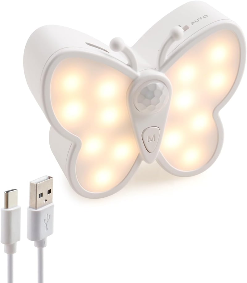 da LIGHT LED Éjszakai Lámpa Mozgásérzékelővel, USB Töltős 1200mAh, Dimmer Funkcióval, Lépcsővilágítás, Pillangó Forma, 3000K-6000K