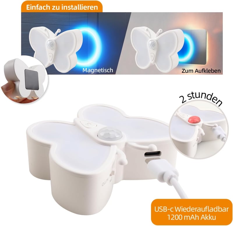 da LIGHT LED Éjszakai Lámpa Mozgásérzékelővel, USB Töltős 1200mAh, Dimmer Funkcióval, Lépcsővilágítás, Pillangó Forma, 3000K-6000K