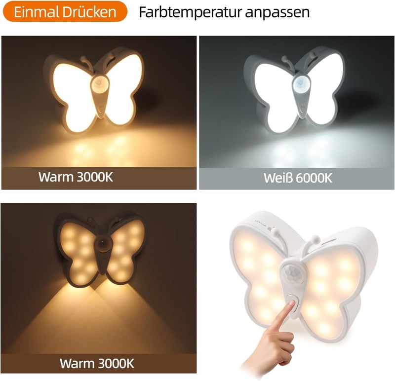 da LIGHT LED Éjszakai Lámpa Mozgásérzékelővel, USB Töltős 1200mAh, Dimmer Funkcióval, Lépcsővilágítás, Pillangó Forma, 3000K-6000K
