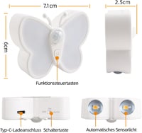 da LIGHT LED Éjszakai Lámpa Mozgásérzékelővel, USB Töltős 1200mAh, Dimmer Funkcióval, Lépcsővilágítás, Pillangó Forma, 3000K-6000K 2