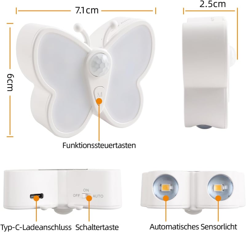 da LIGHT LED Éjszakai Lámpa Mozgásérzékelővel, USB Töltős 1200mAh, Dimmer Funkcióval, Lépcsővilágítás, Pillangó Forma, 3000K-6000K